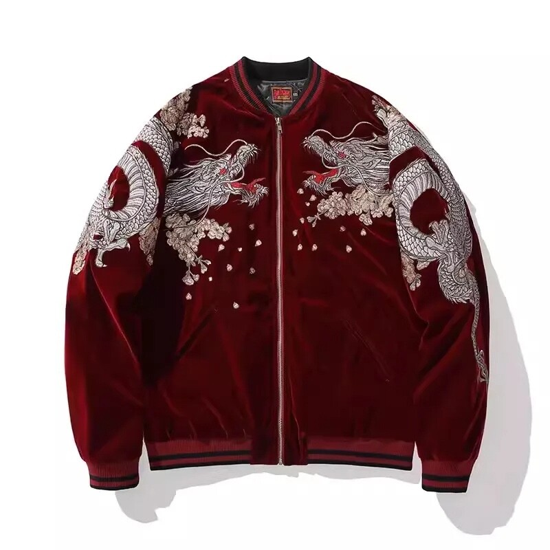 Unique Jacket Embroidered Dragon Baseball Collar Japanese Pattern Sukajan Coat