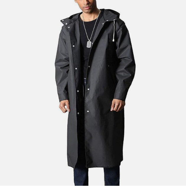 Men Black Waterproof Long Raincoat Rain Coat Hooded Trench Jacket Outdoor Hiking