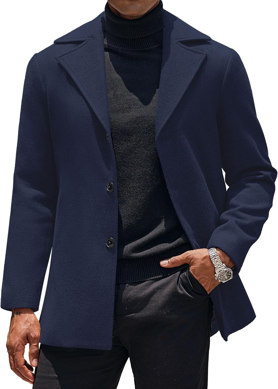 Mens Single Breasted Peacoat Notched Lapel Slim Fit Winter Trench Coat