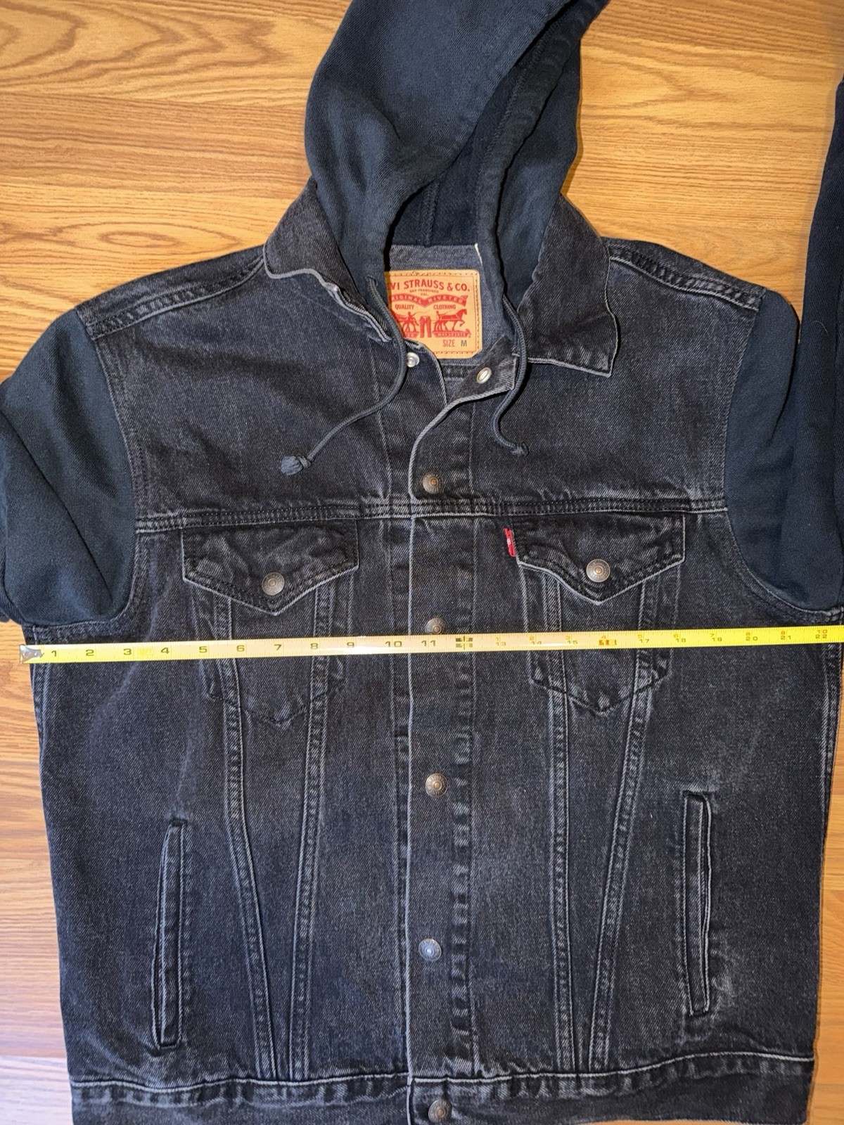 Levis Hybrid Hooded Denim Trucker Hoodie Jean Jacket Meidum Black Vintage Fit
