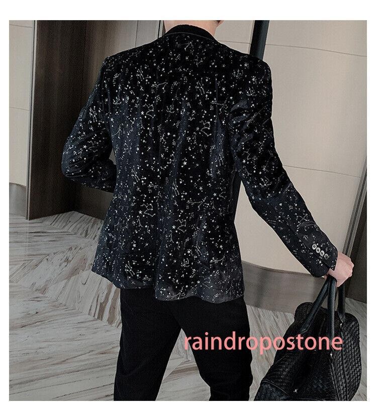 Men’s Spring Slim One Button Sequined Suit Night Club Coat Stage Black Blazer