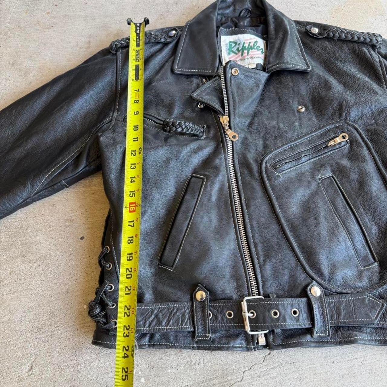 Black leather biker jacket with belt and zipper details Size M
