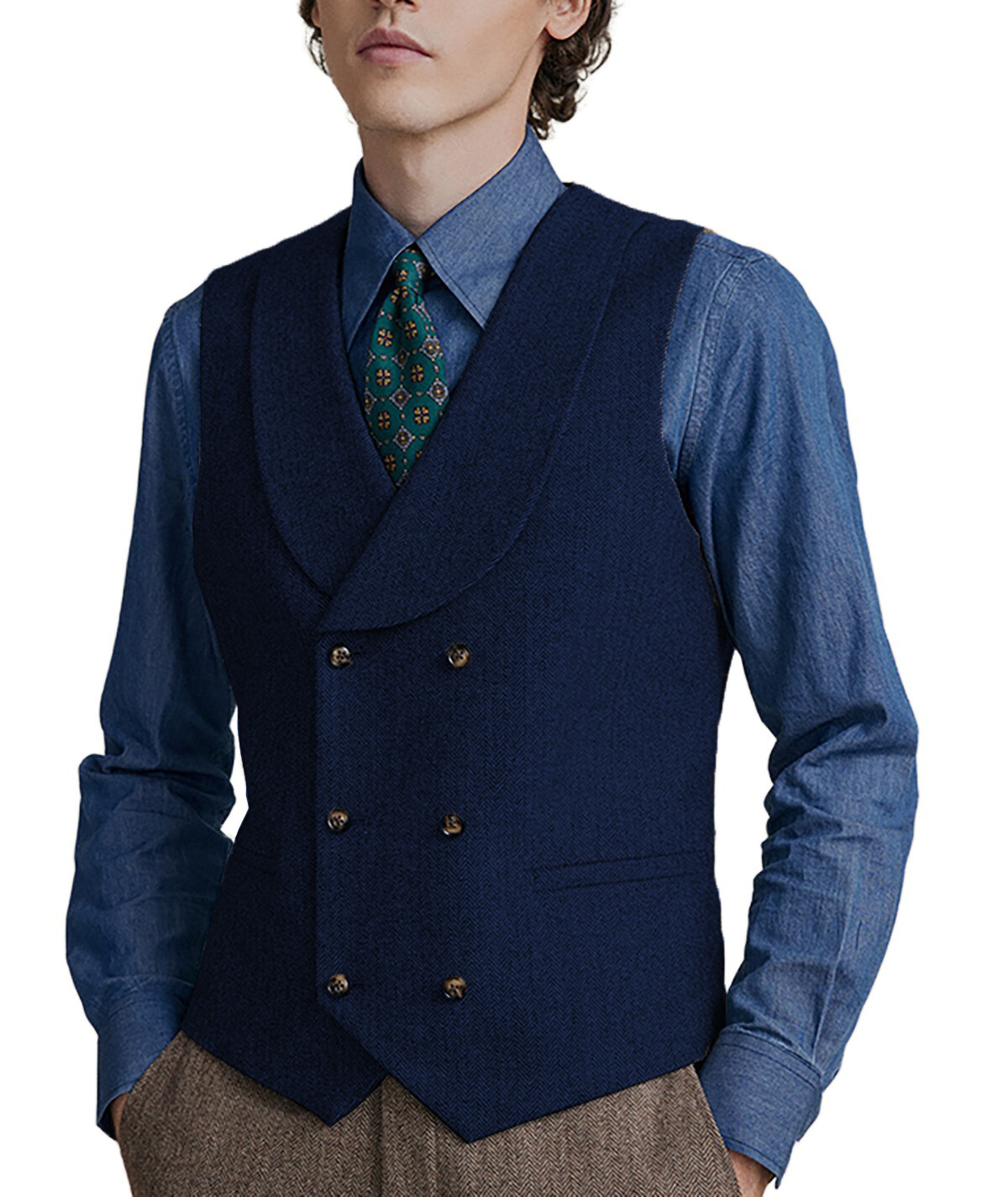 Shawl lapel Vests Mens Double-breasted Waistcoats Tweed Herringbone Wedding Wool
