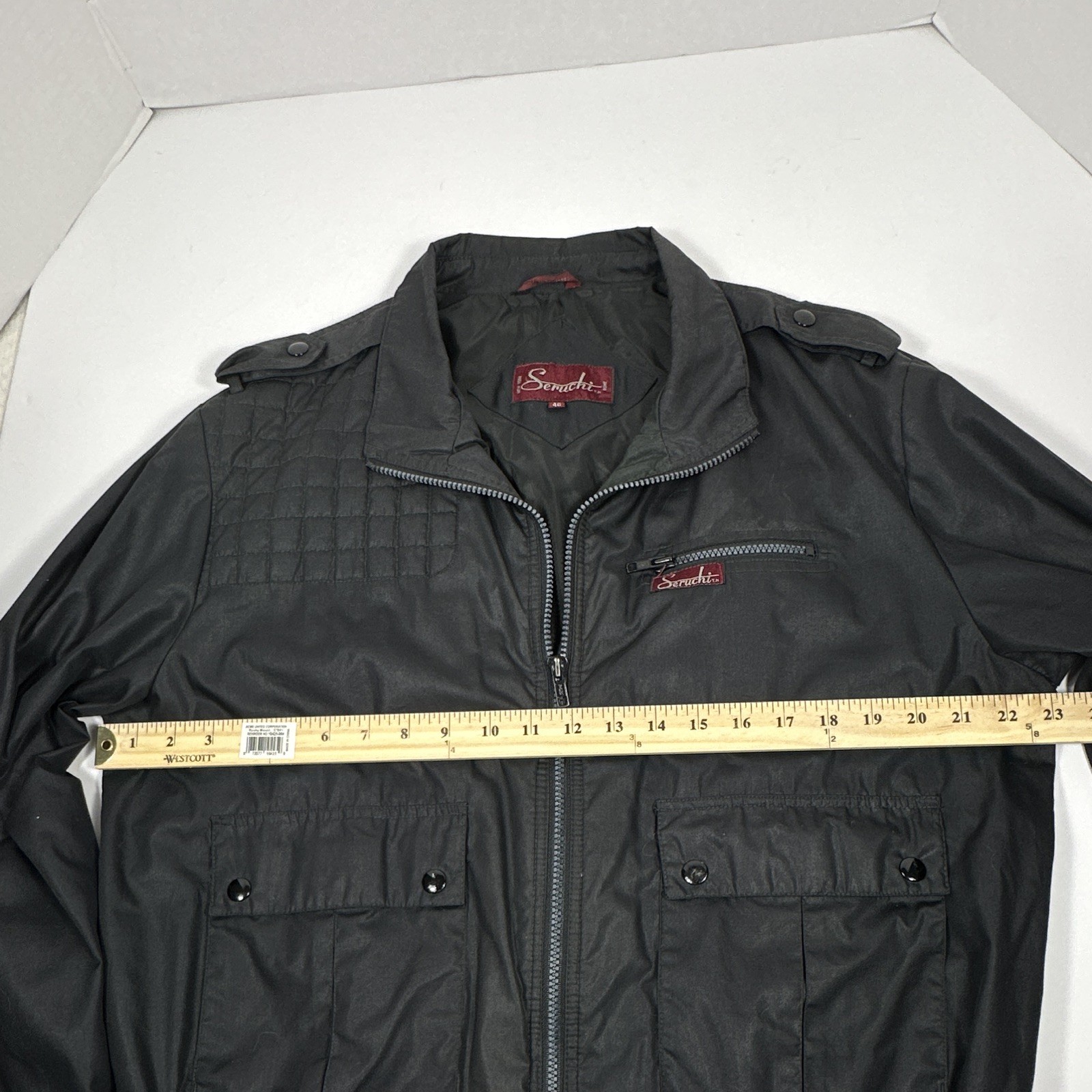 Seruchi Men’s Black Bomber Jacket – Full Zip Pockets – Size 46 Regular