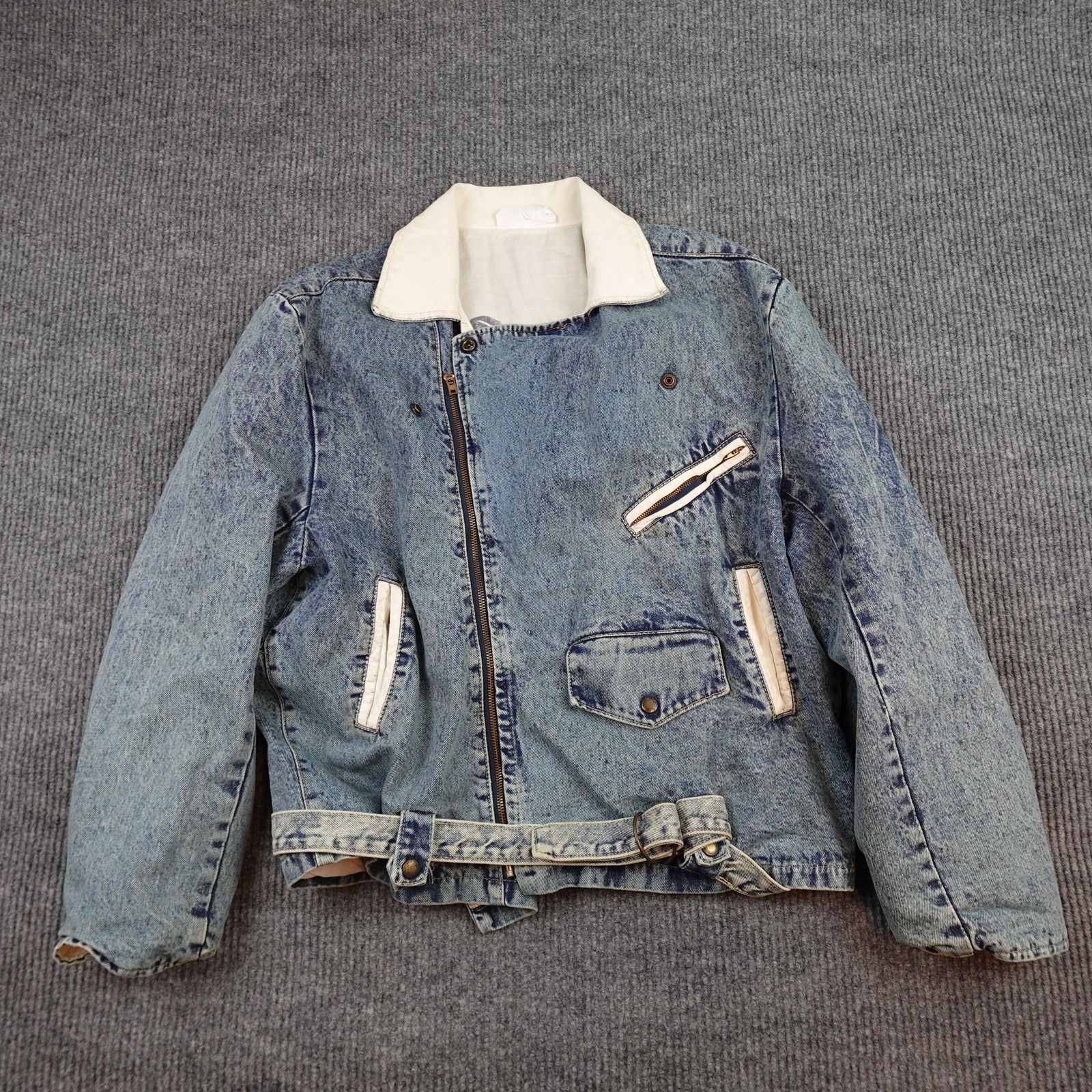 Vintage Denim Biker Jacket Mens Medium Blue Belted Dual Control Retro Lined