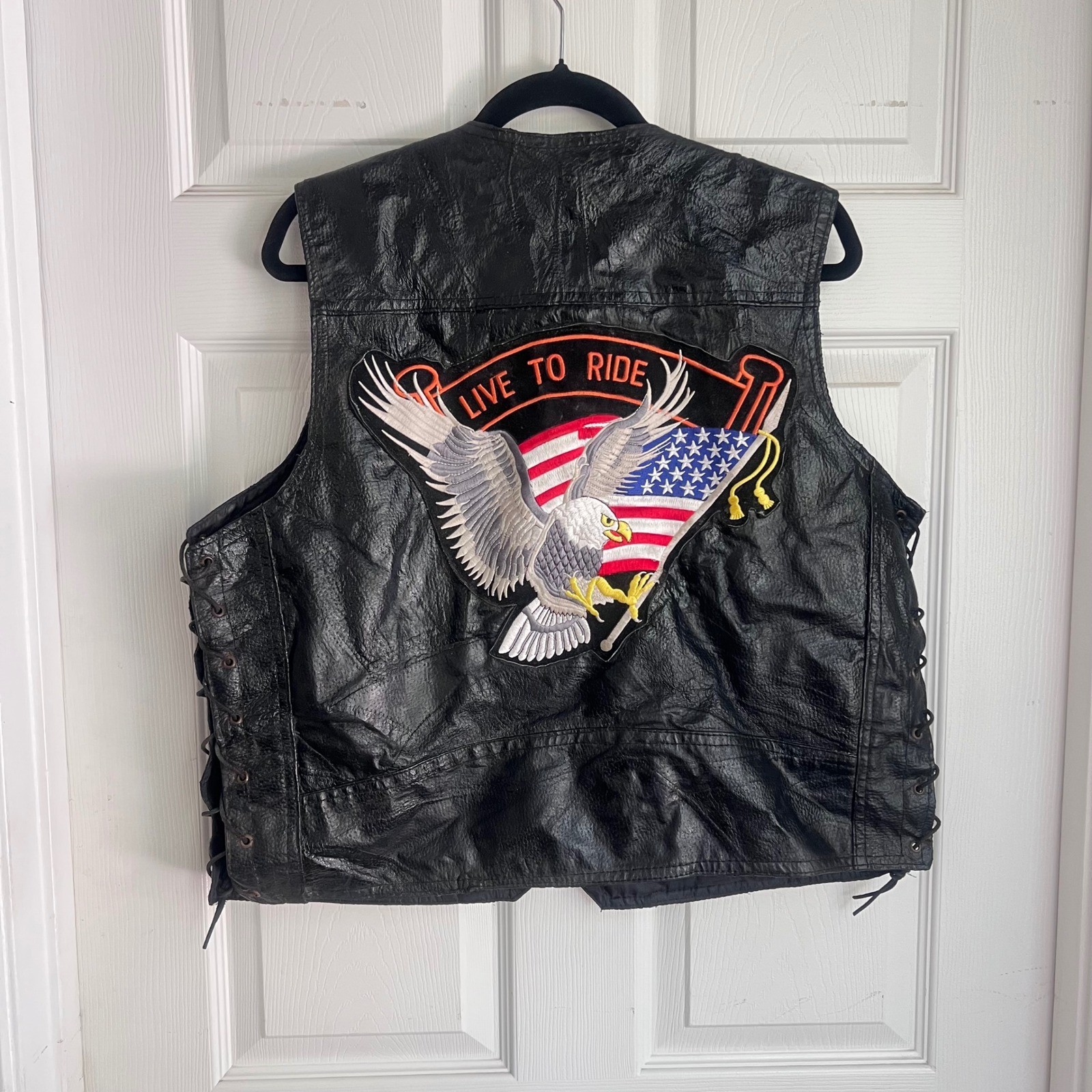 Diamond Plate Buffalo Leather Biker Vest Mens XL Eagle Patch Lace Up Black XL