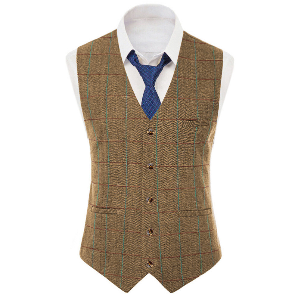 Tweed Mens Suit Plaid Waistcoat Herringbone Vest Windowpane Wedding Vintage Wool