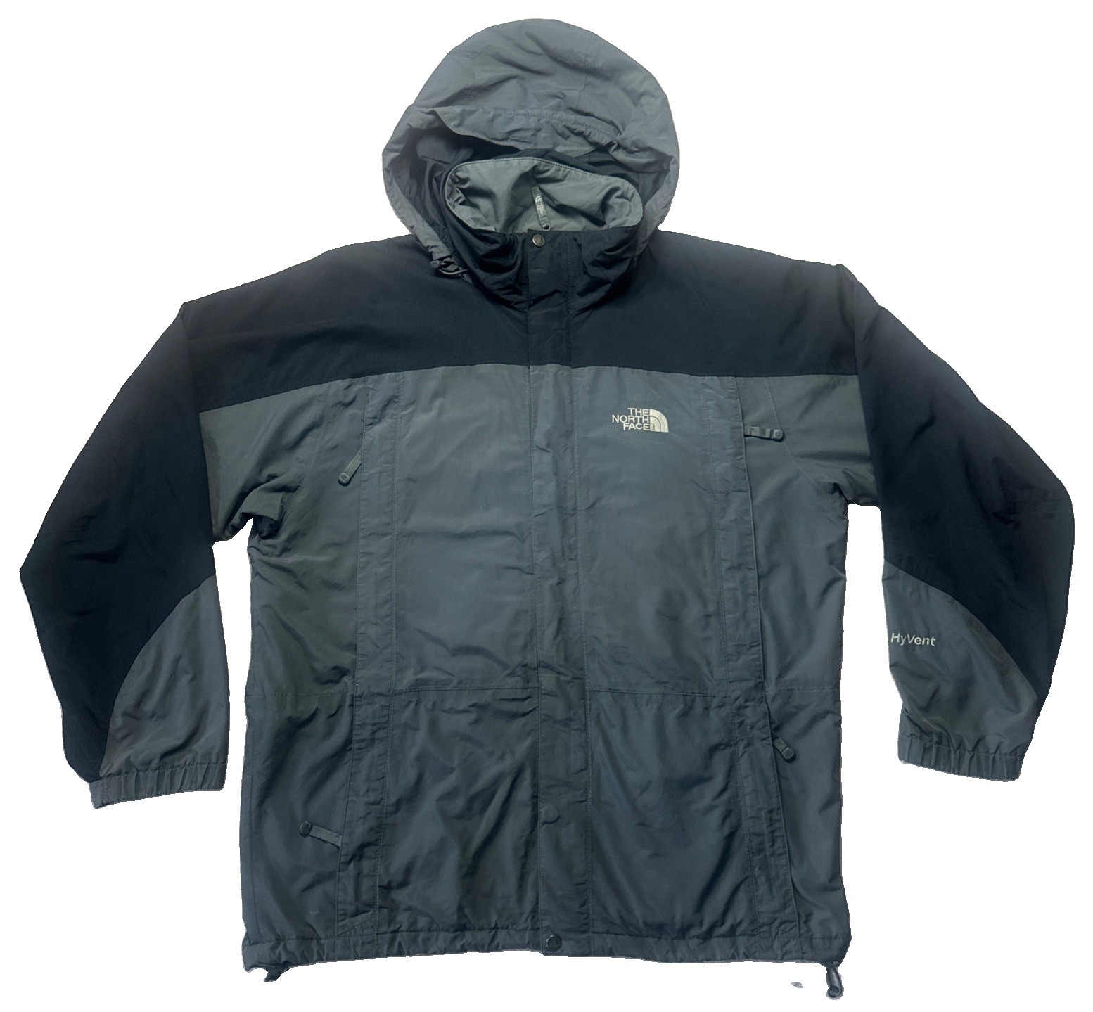 The North Face HyVent Mens Large Gray and Black Jacket Soft Shell Hooded Size L