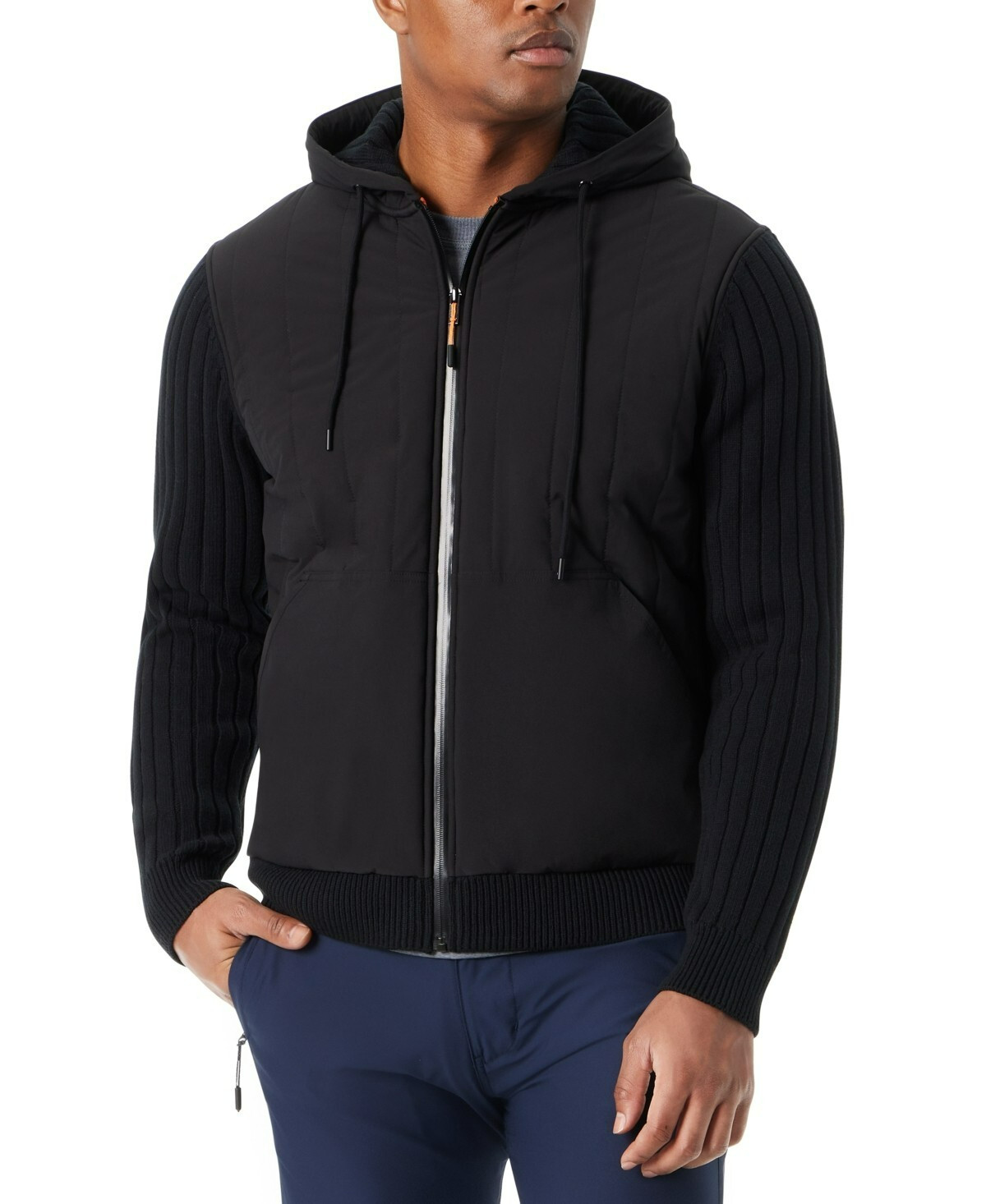 BASS OUTDOOR Mixed Media Zip-Front Hooded Sweater Jacket Men’s M Black Pockets