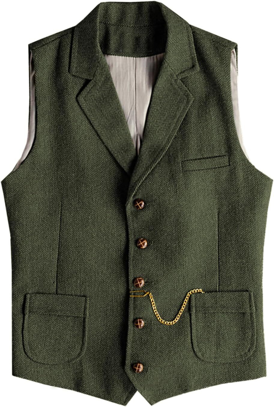 Mens Retro Tweed Vest Vintage WesternHerringbone Business Waistcoat Vest XS-3XL