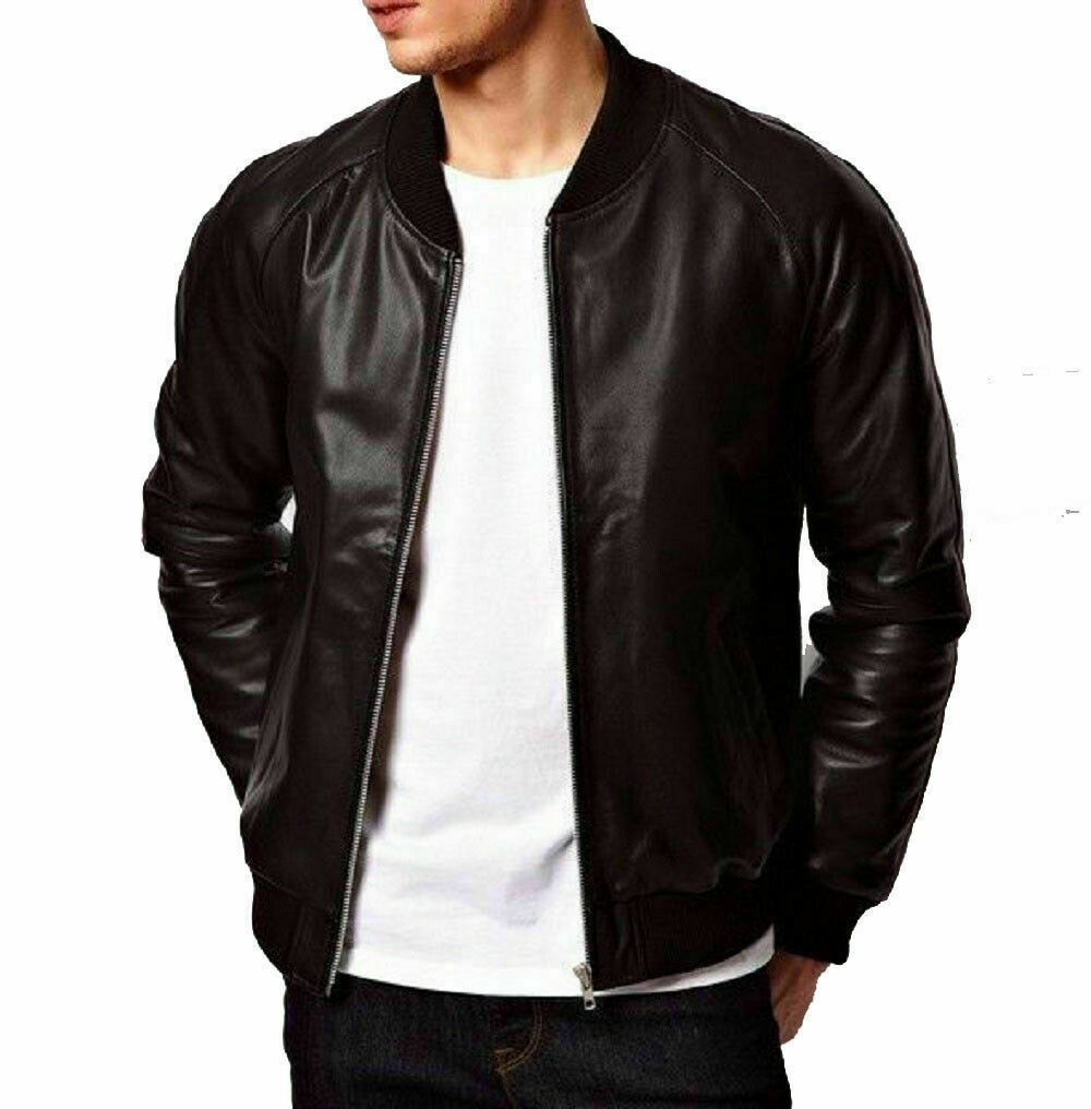 Men’s 100%Genuine Black Lambskin Leather Bomber Jacket Slim Fit Coat