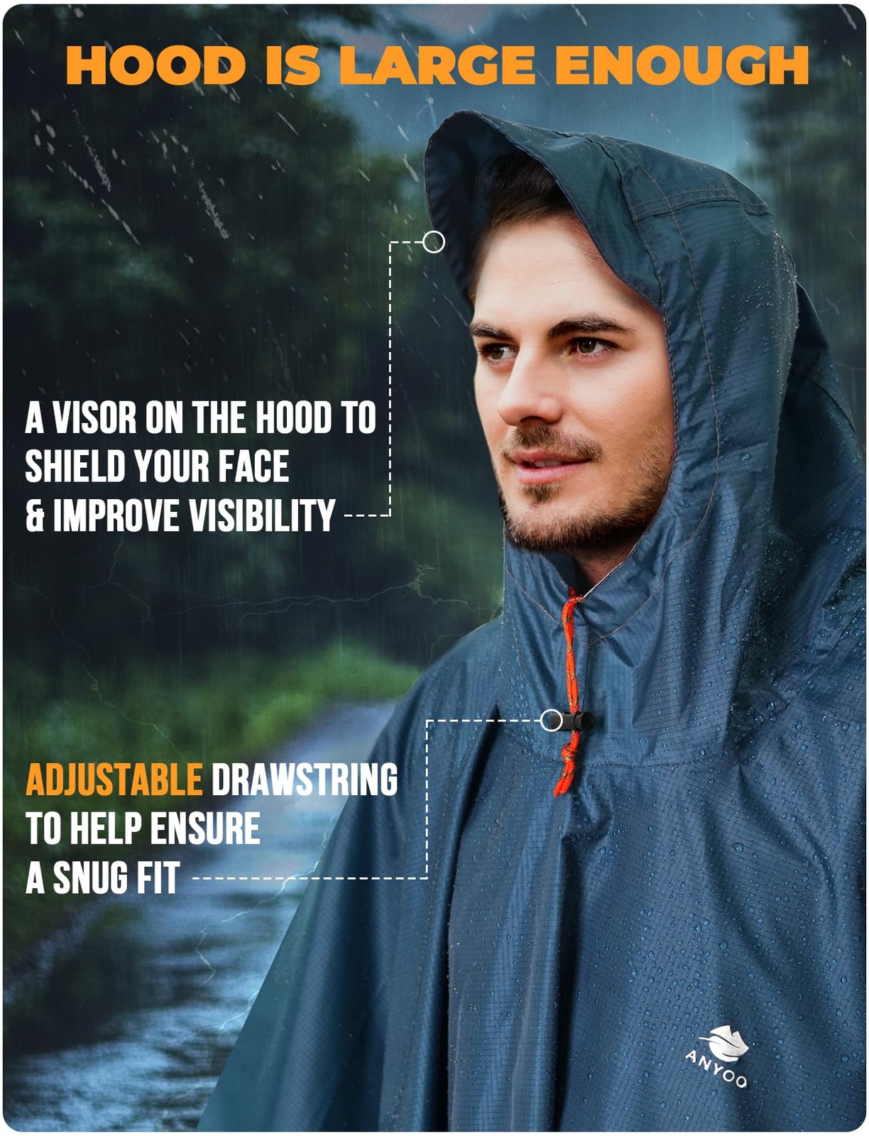 ANYOO Hooded Rain Poncho for Adults Waterproof Lightweight Rain Coats for Men…