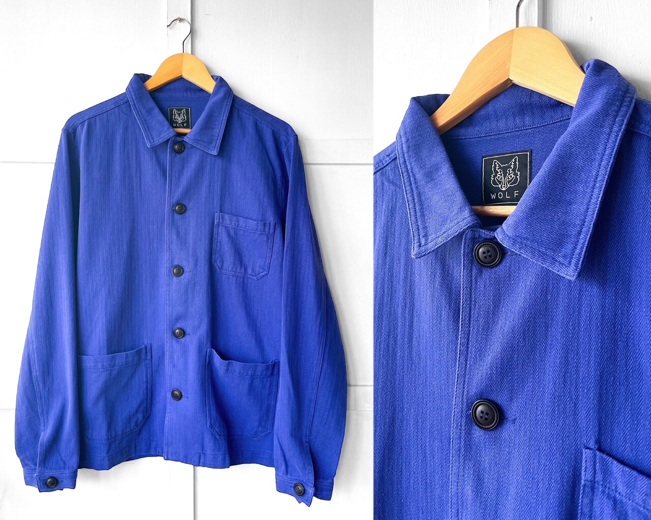 Herringbone French Chore Jacket 60s Style Bugatti Blue Washed Cotton Twill