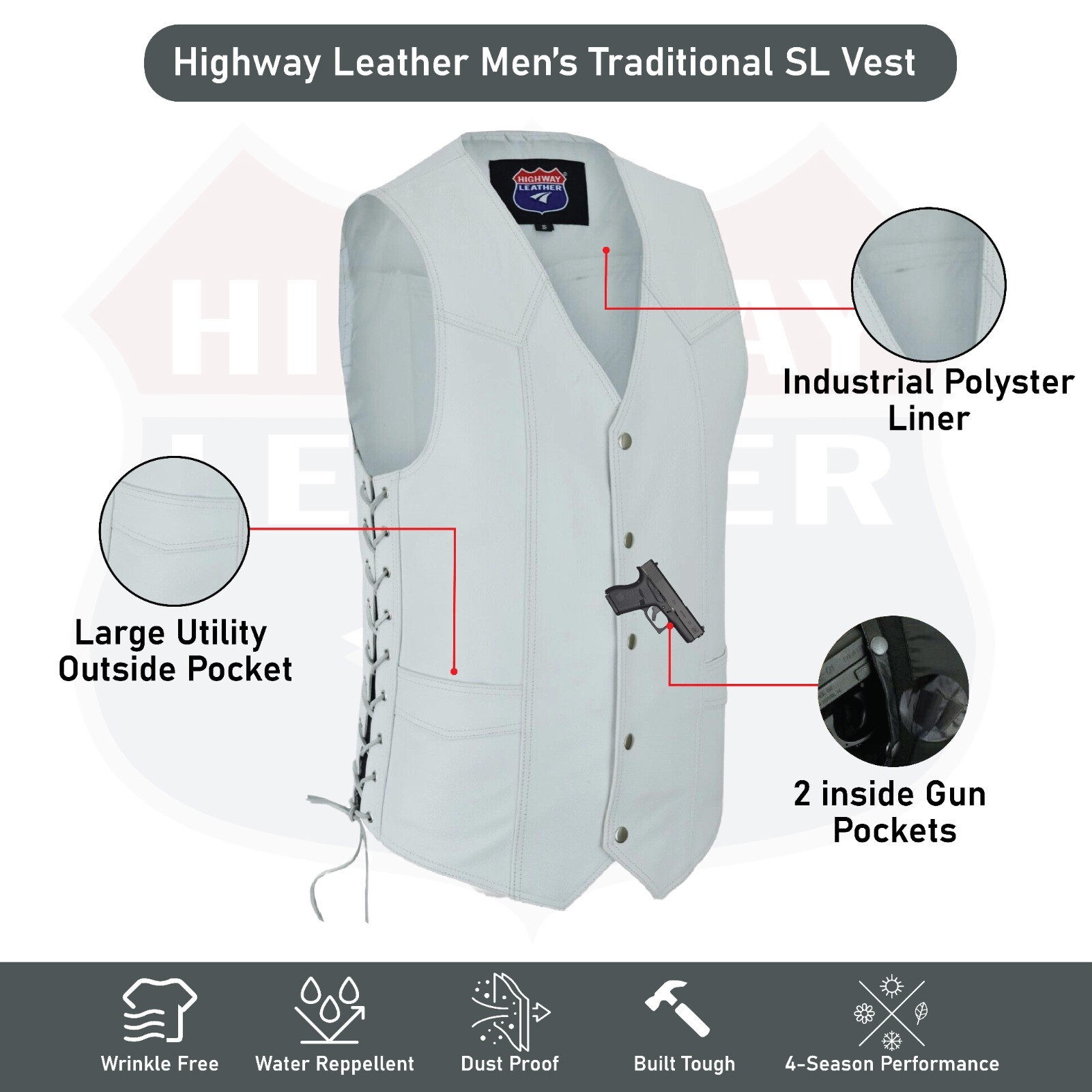 Men Motorcycle Leather Biker Vest Side Lace Pistol Pockets Patch HL11614 White