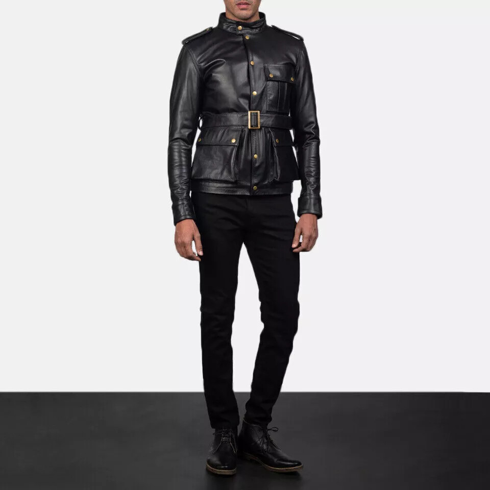 Men Germain Black Short Trench Leather Jacket 100% Lambskin Genuine Leather Coat