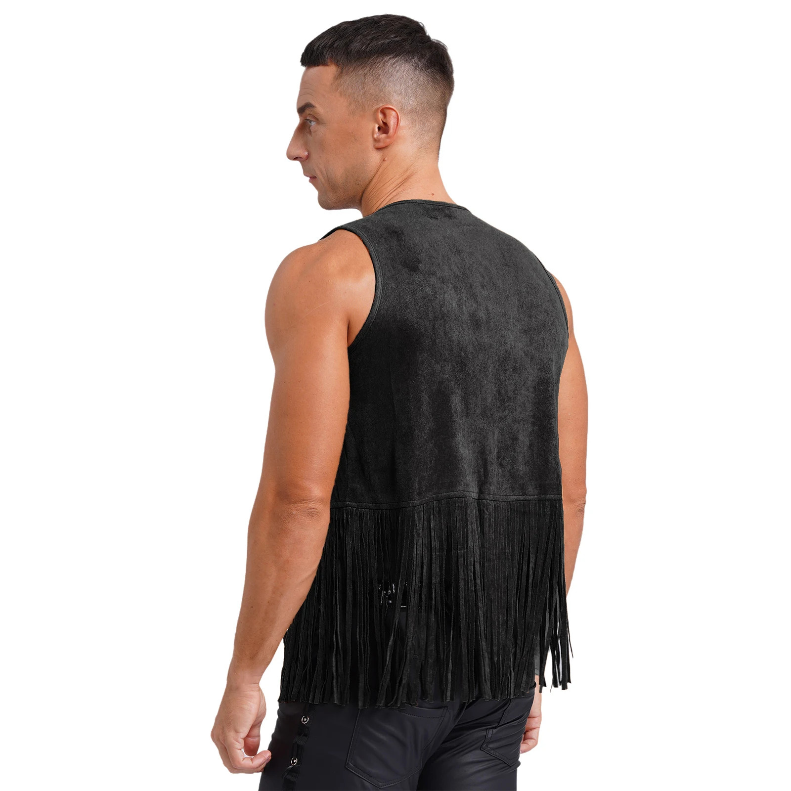 Mens Faux Suede Tassel Vest Western Cowboy Vest Fashion Rivets Fringe Waistcoat