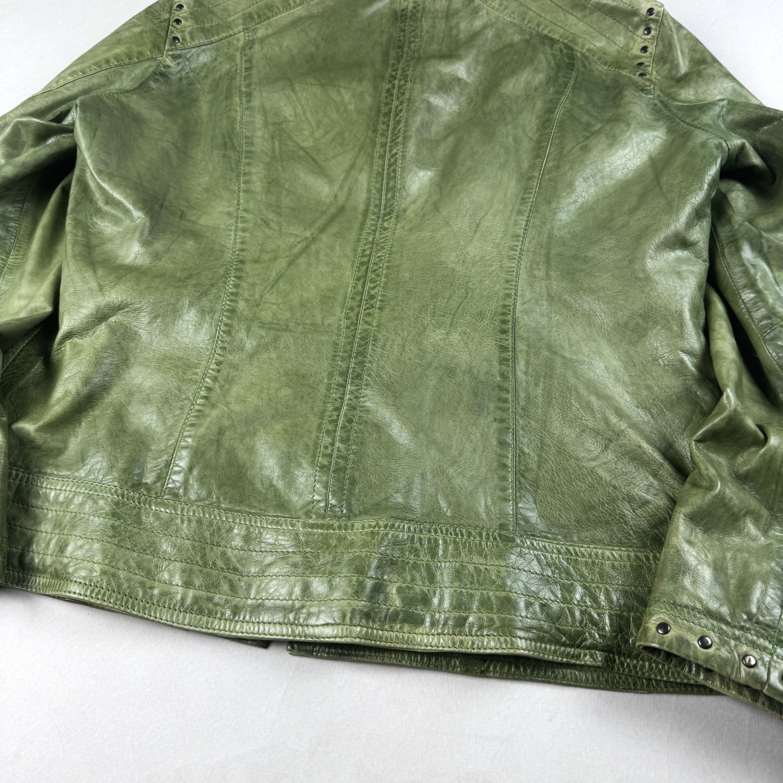 Mens Vintage Green Genuine Leather Moto Jacket Studded Collar Biker Y2K Grunge