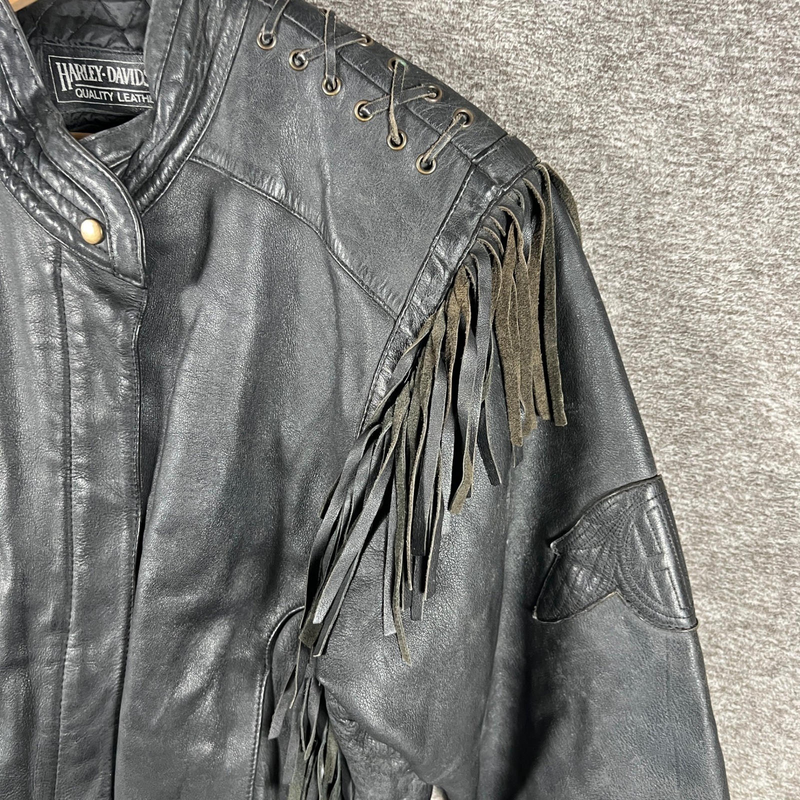 Vintage Harley Davidson Leather Fringe Jacket Mens 44 (L) Motorcycle Quilt Lined