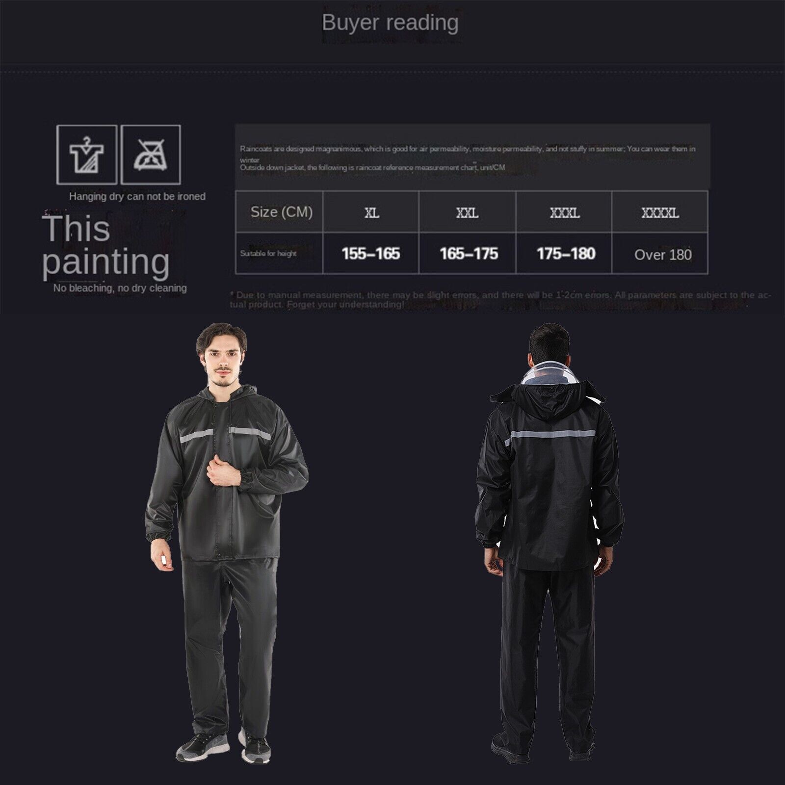 Mens Black Waterproof Rain Suits Heavy Duty Raincoat Fishing Rain Gear Jacket