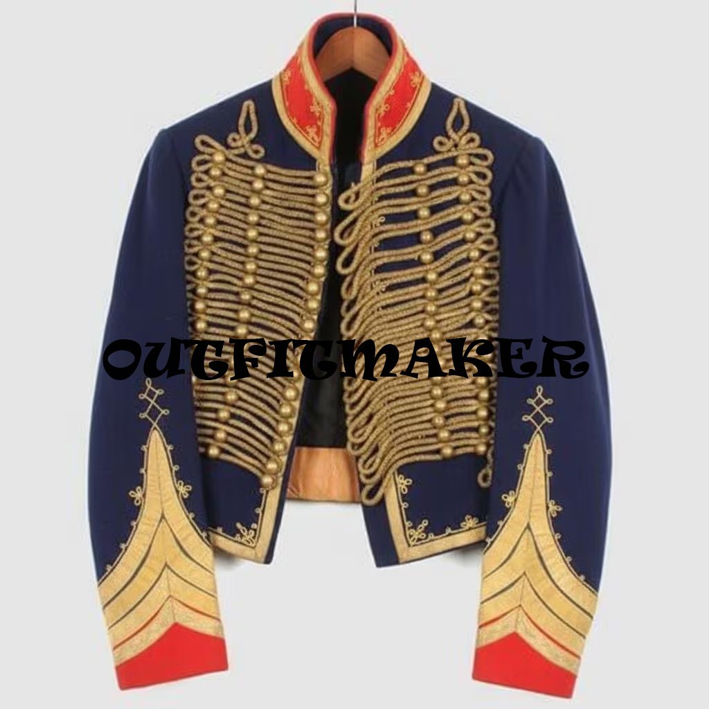 Men’s Navy Blue Wool French Hussar Jacket, Military Dolman Hussar Jacket