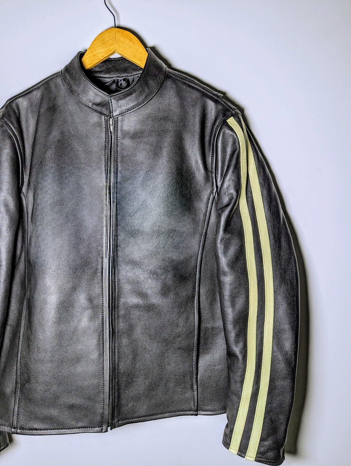 Men’s Genuine Matt Black Racing Leather Jacket Retro 90s Punk/Rock Striped Style