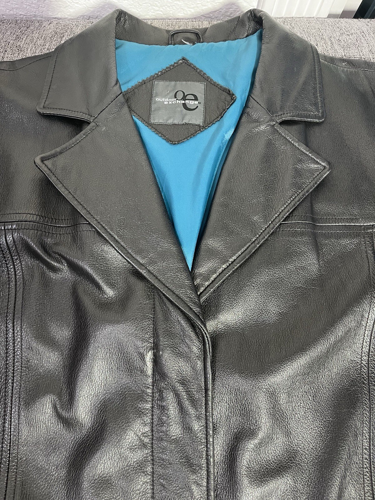 Outdoor Exchange Leather Belted Overcoat Black/Blue Lined Pockets 2XL