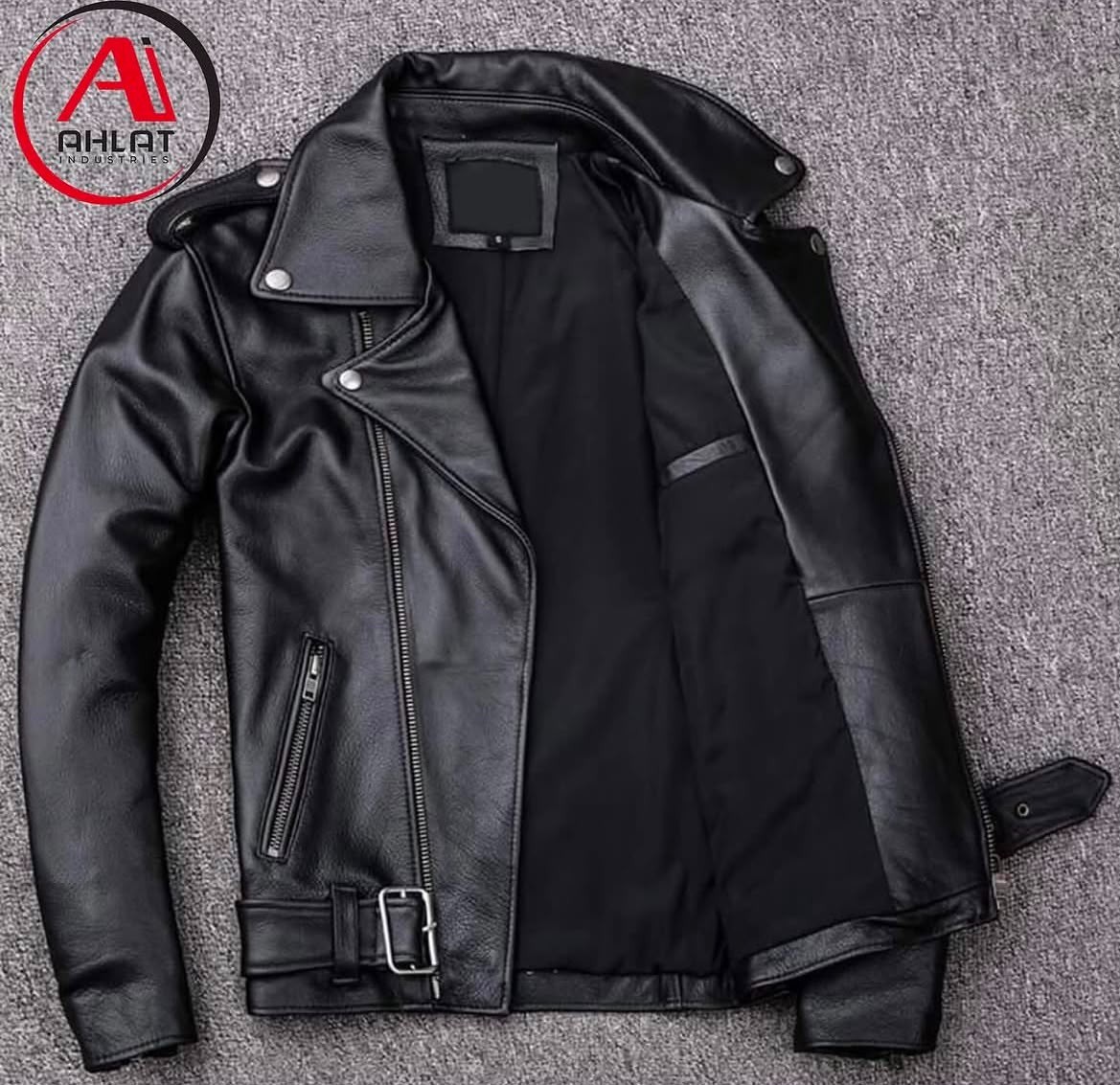 Men’s Leather Biker Jacket Black Motorcycle Moto Belted Asymmetrical Zip