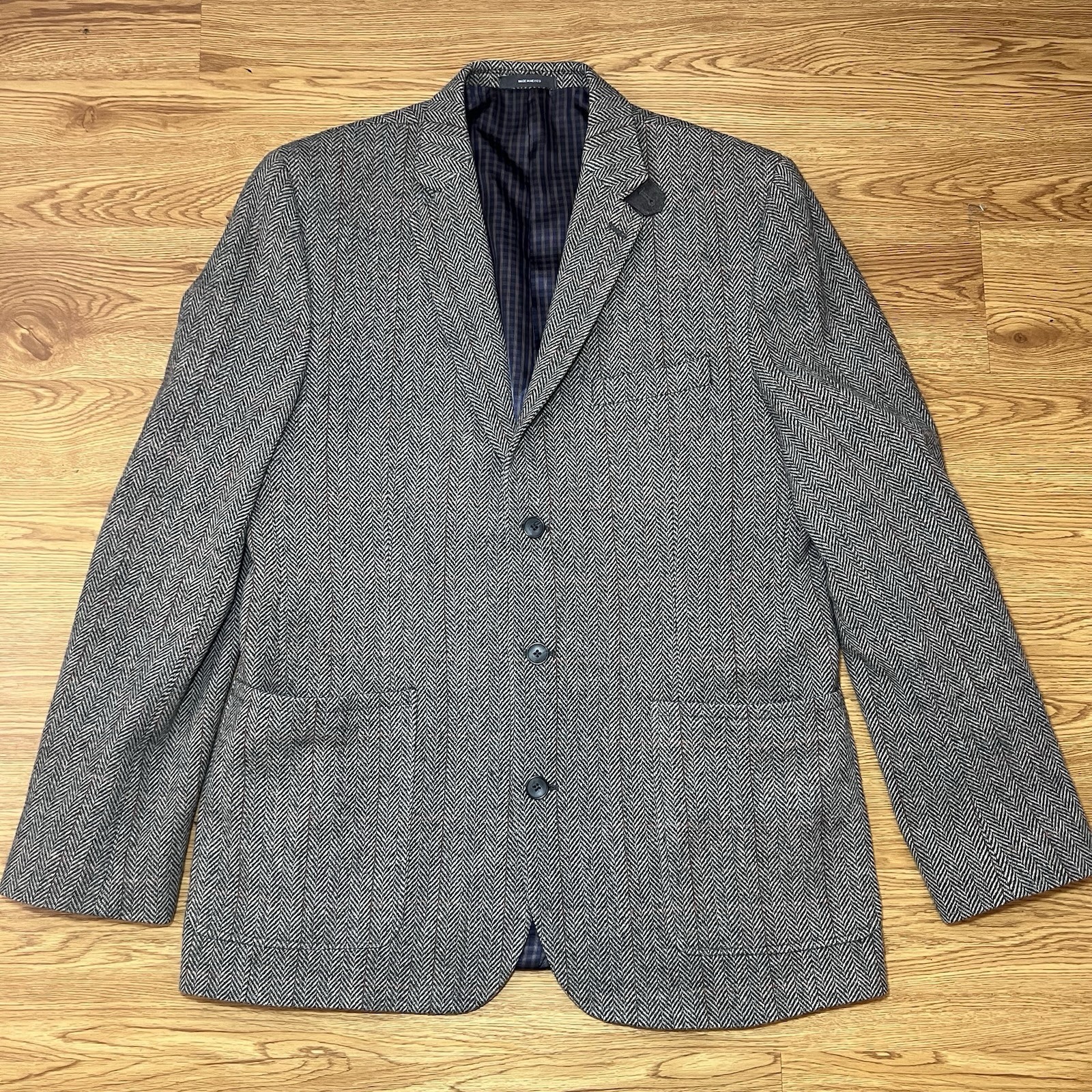 Joe Joseph Abboud Mens 44L Brown Herringbone Wool Sport Coat Blazer Elbow Patch