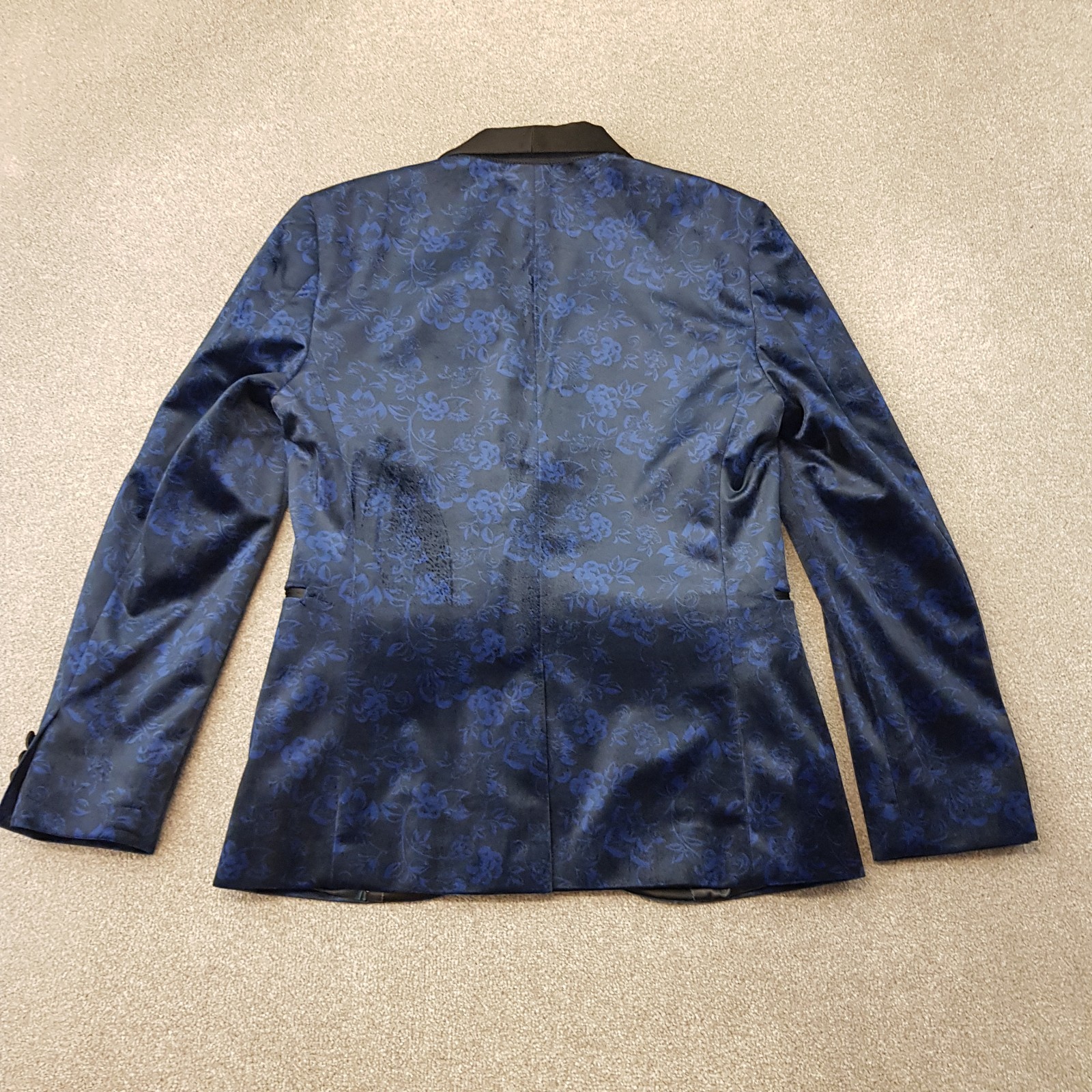 Next Mens Jacket 38S Blue Velvet Skinny Tuxedo Smoking Blazer Satin Lapel Floral
