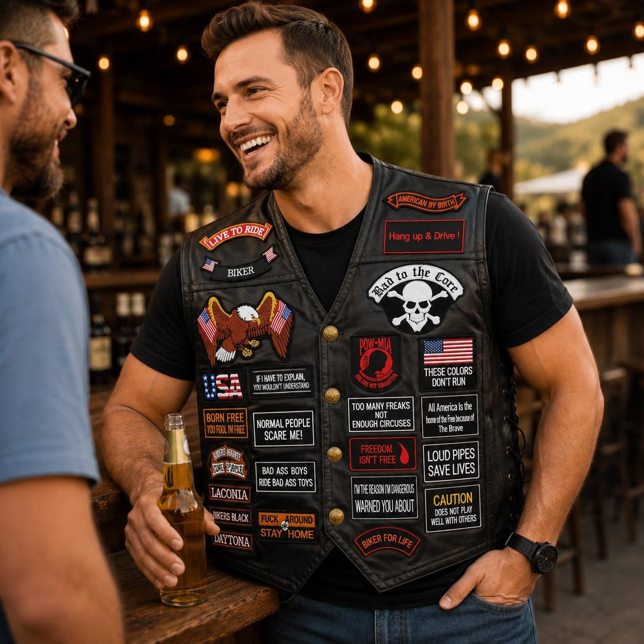 Bikers Vest with Patches Buffalo Leather Motorcycle Live To Ride Sturgis Fave