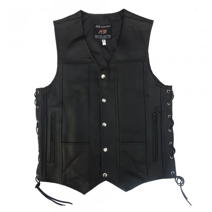 ARD CHAMPS™ Men’s Black Genuine Leather 10 Pockets Motorcycle Biker Vest
