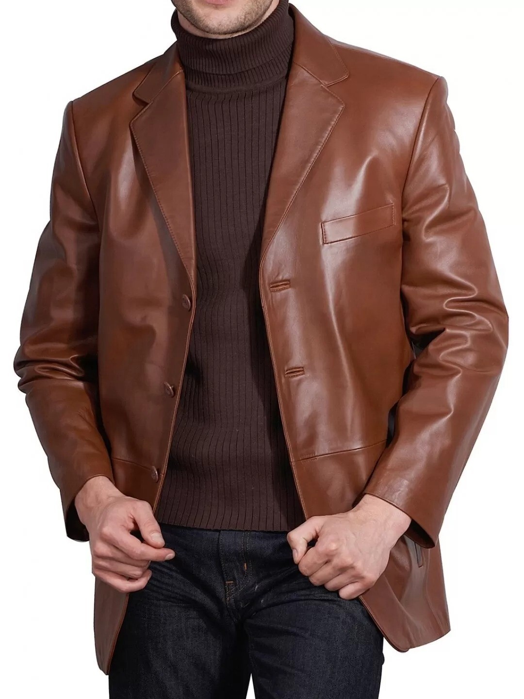 Leather Blazer Men’s Lambskin Coat Genuine Jacket Soft Button Two Men Brown 2