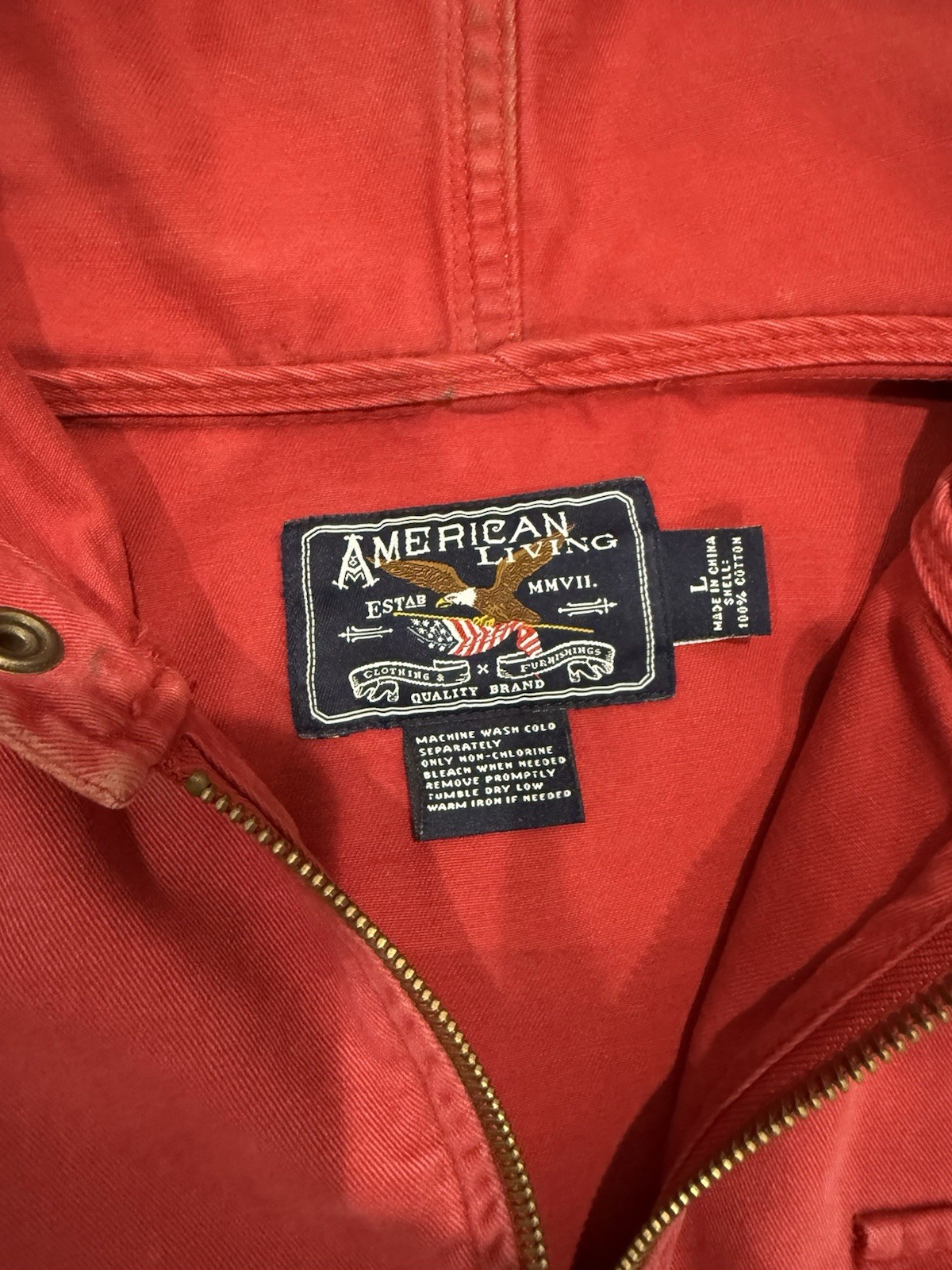 American Living Men’s Red Hooded Jacket Zip Button Drawstring Casual L