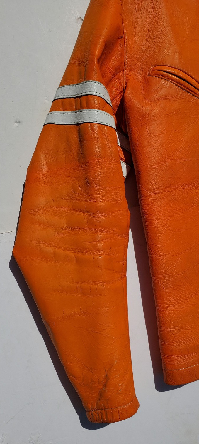 Vtg Bates Leather Motorcycle Racing Jacket Harley Orange w Stripes 1960’s L Cafe