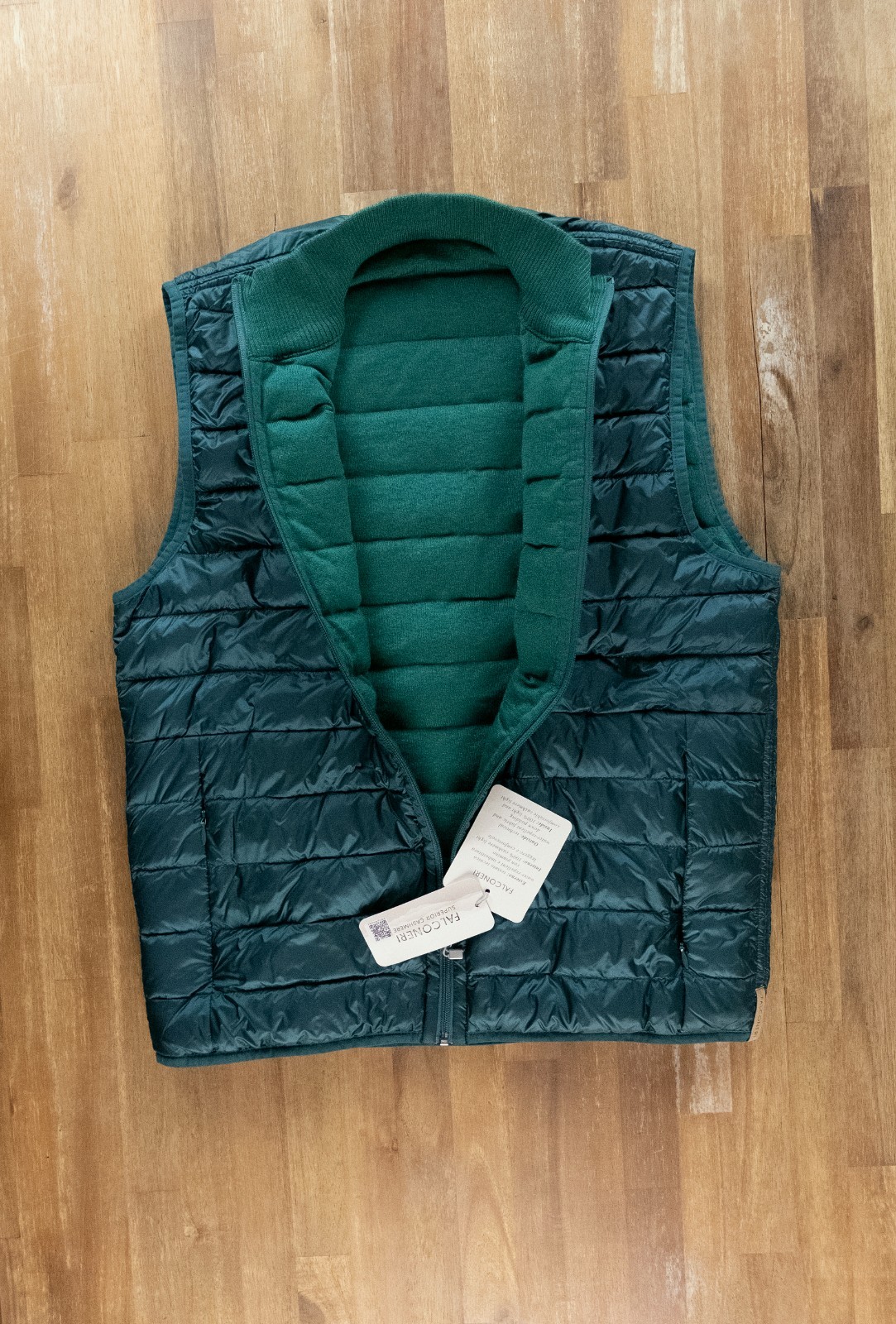 (NO CUSTOMS TAX) FALCONERI green reversible cashmere & nylon vest Size Large