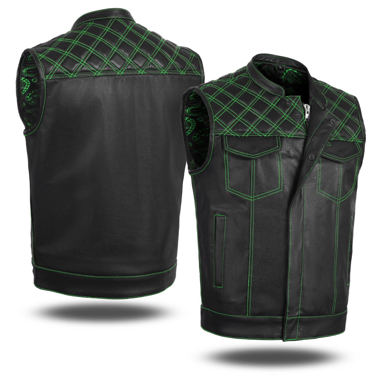 GREEN HL11693SPTGREEN Black Men Cross Stitch Club Leather Vest