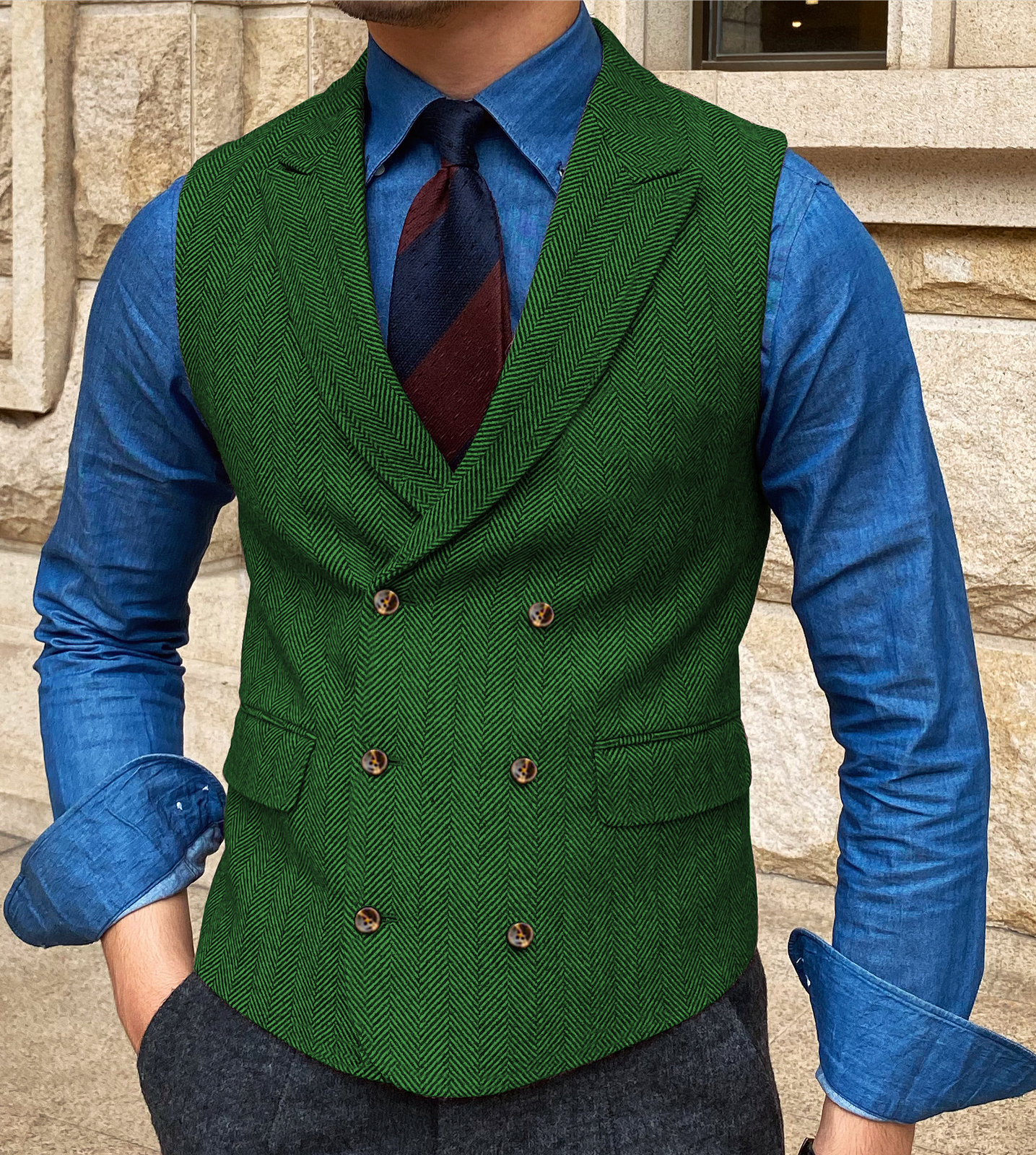 Formal Men Herringbone Double-Breasted Tweed Waistcoat Vest Wedding Vintage Wool