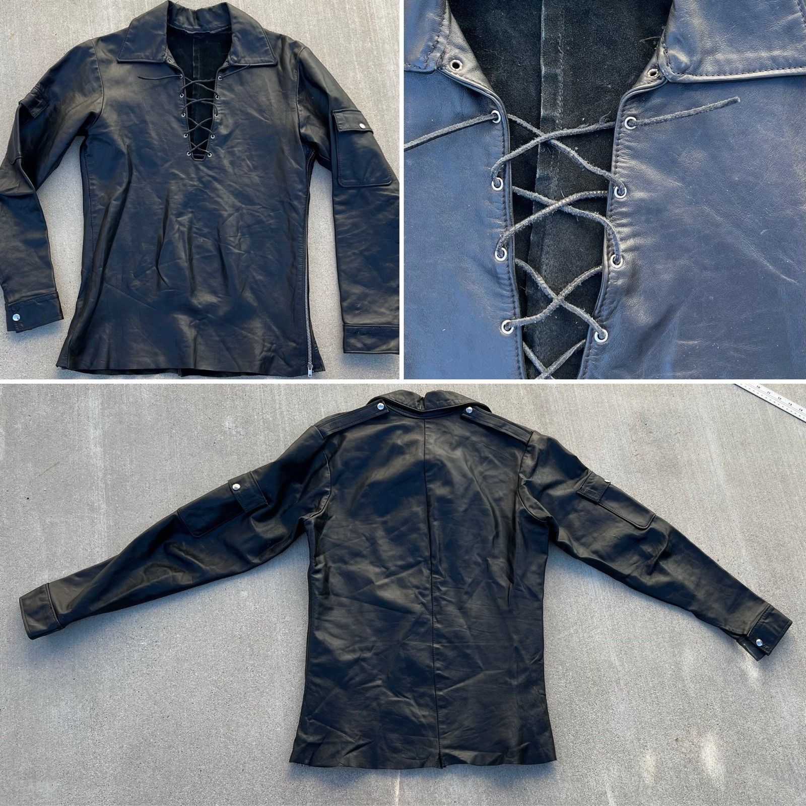 Black Leather Lace Up Pullover Shirt Talon Zip Western Biker Motorcycle M L Vtg
