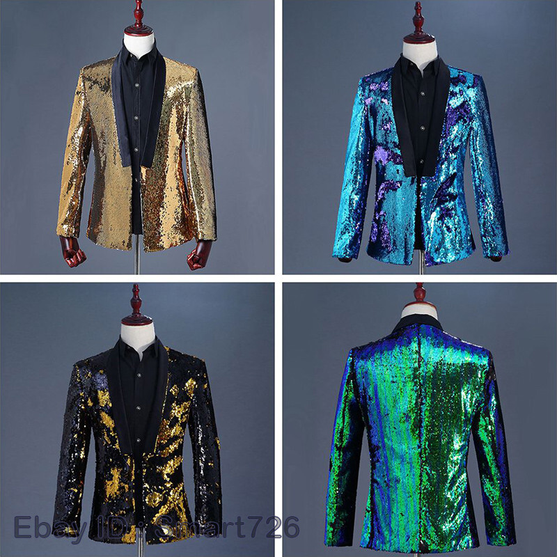 Men Reversible Two Tone Shiny Sequins Jacket Suit Blazer Fancy Dress Outfit Sets