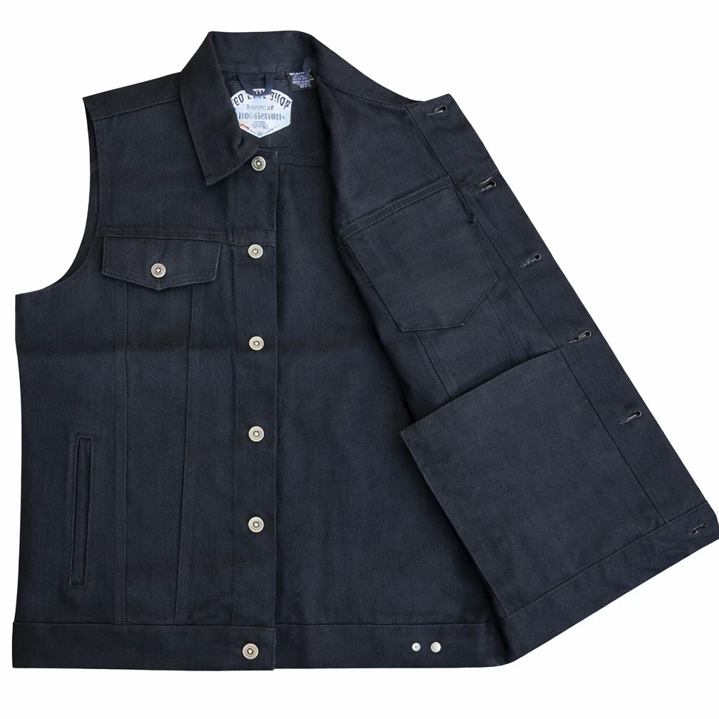 MEN’S HOODED DENIM BIKER VEST JACKET BLACK WASHED DENIM W/DETACHABLE HOODIE.