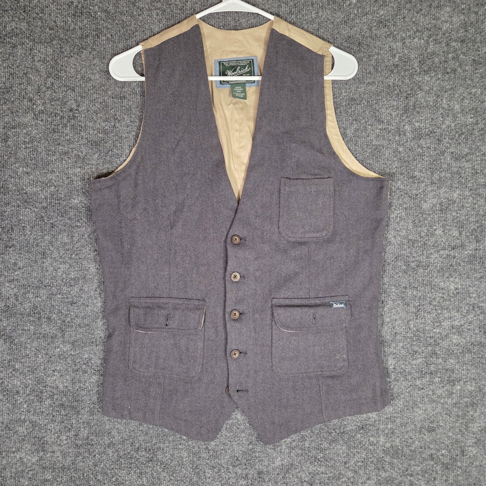 Woolrich Mens Medium Gray Herringbone Vest Outdoor Cinch Back Wool Blend Casual