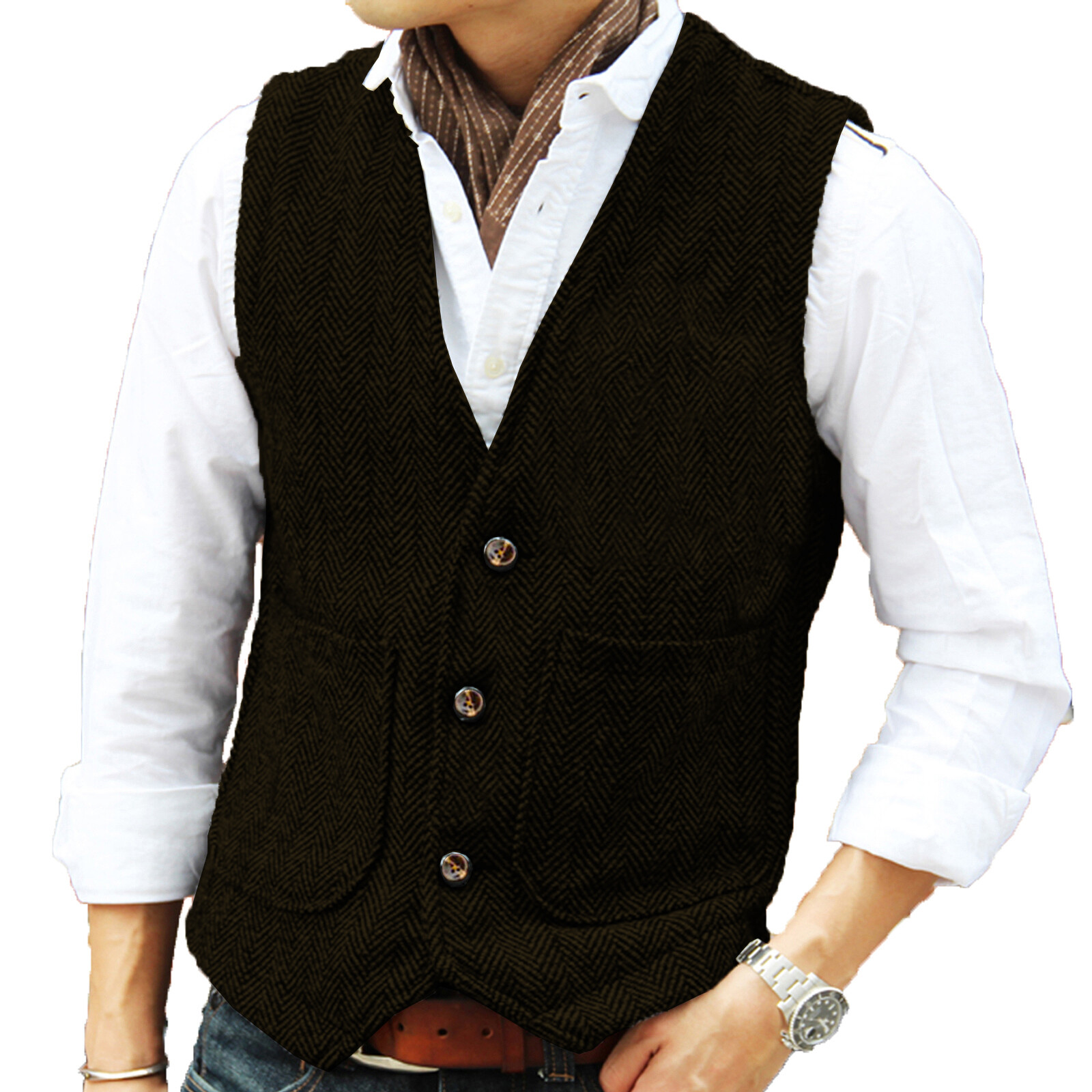 Hunting Classic Men Vintage Tweed Vest Herringbone Waistcoats Wedding Retro Wool