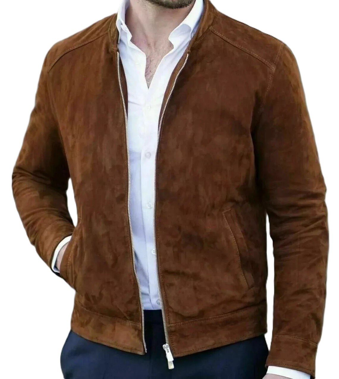 Men’s Brown Genuine Suede Soft Leather Bomber Biker Jacket Celebrity Outfit Coat