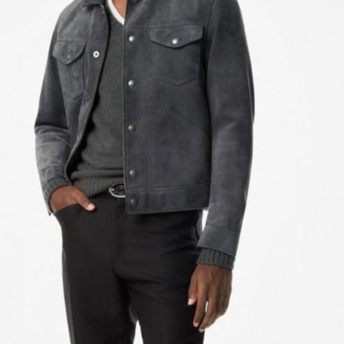 Mens Gray Pure Suede Trucker jacket Solid Casual Custom S M L XL 2XL 3XL 4XL