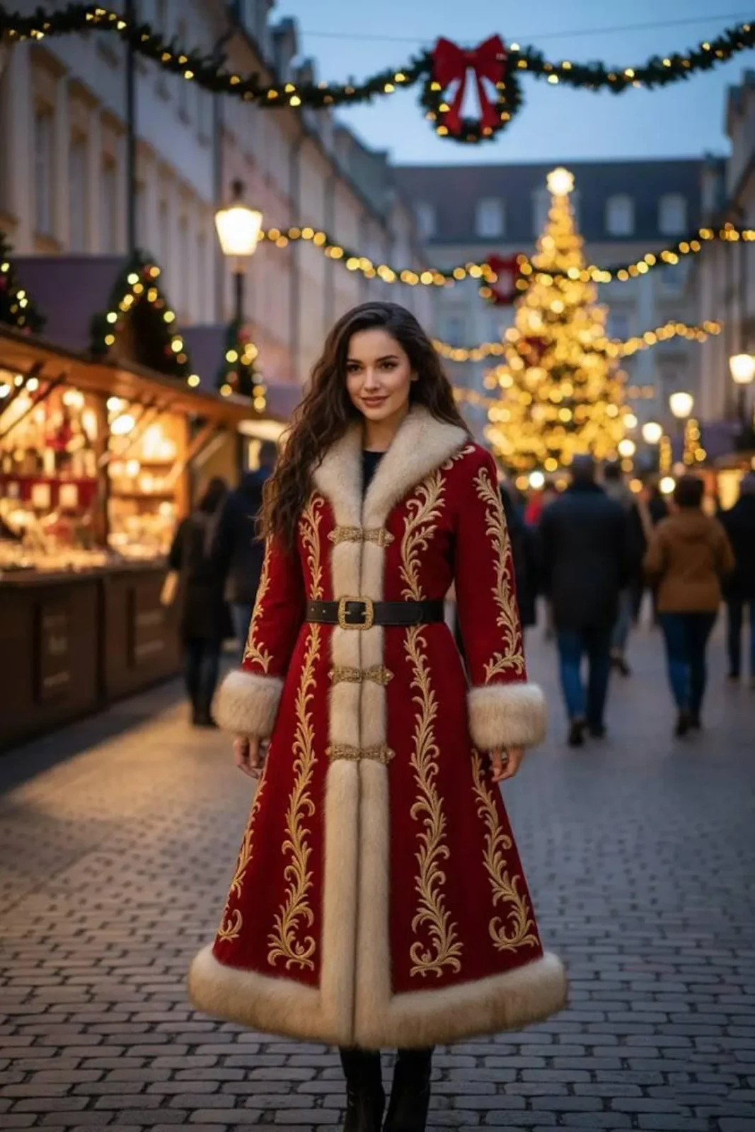 Women’s Red Velvet Christmas Coat Fur Trim Embroidered Custom XS-6XL