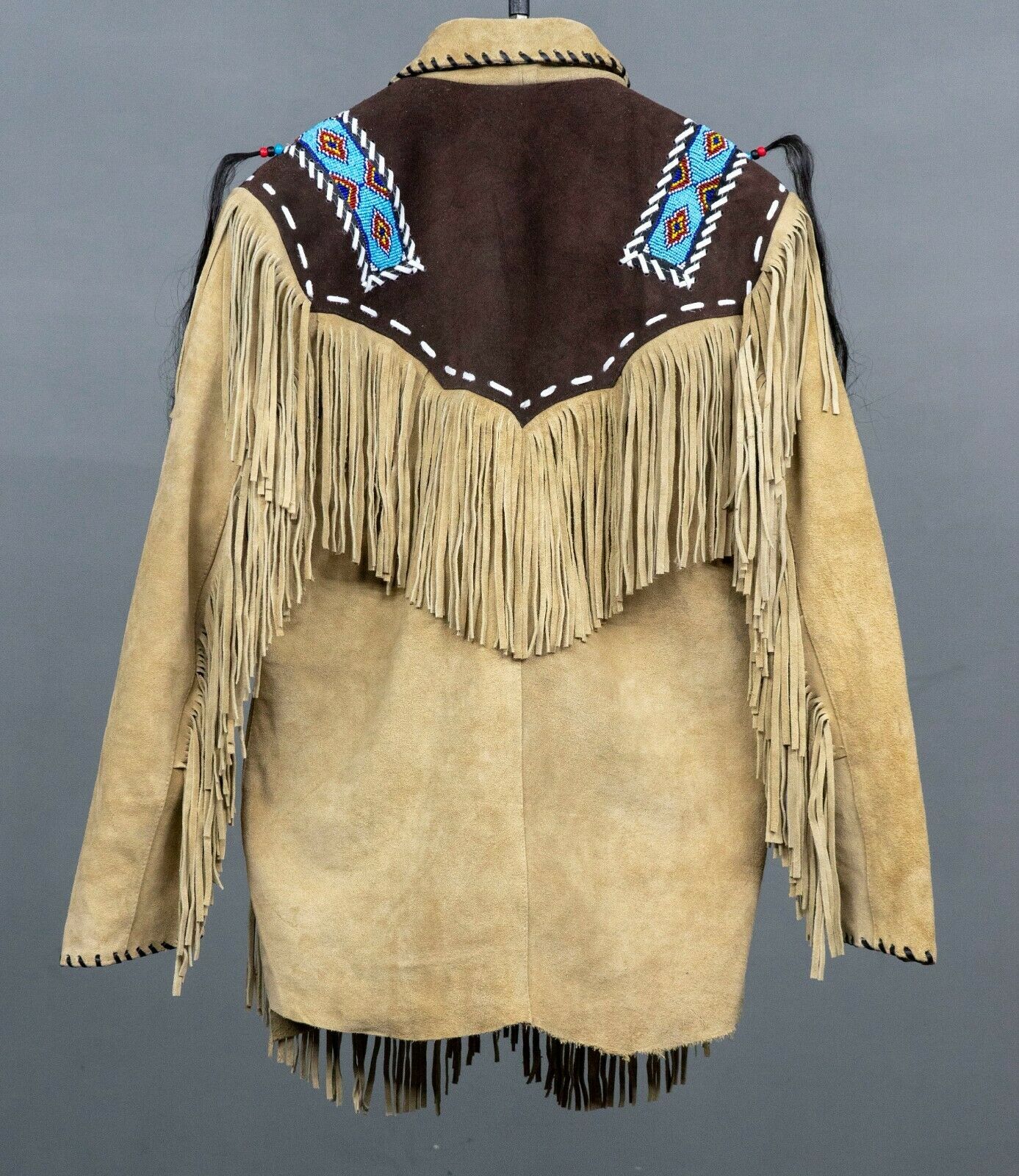 Men Western Cowboy Suede Fringe Jacket Beaded Native American Leather Jacket