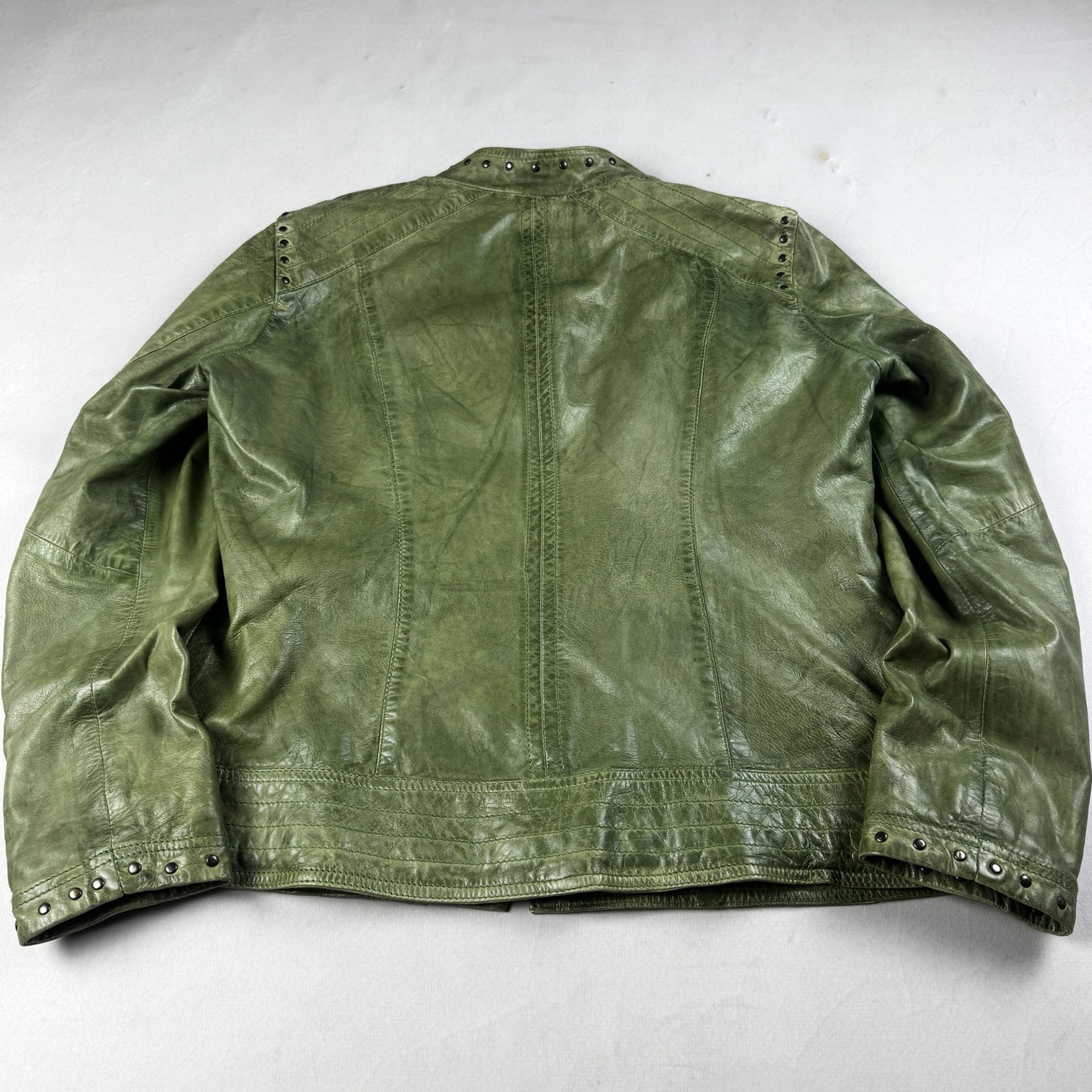 Mens Vintage Green Genuine Leather Moto Jacket Studded Collar Biker Y2K Grunge