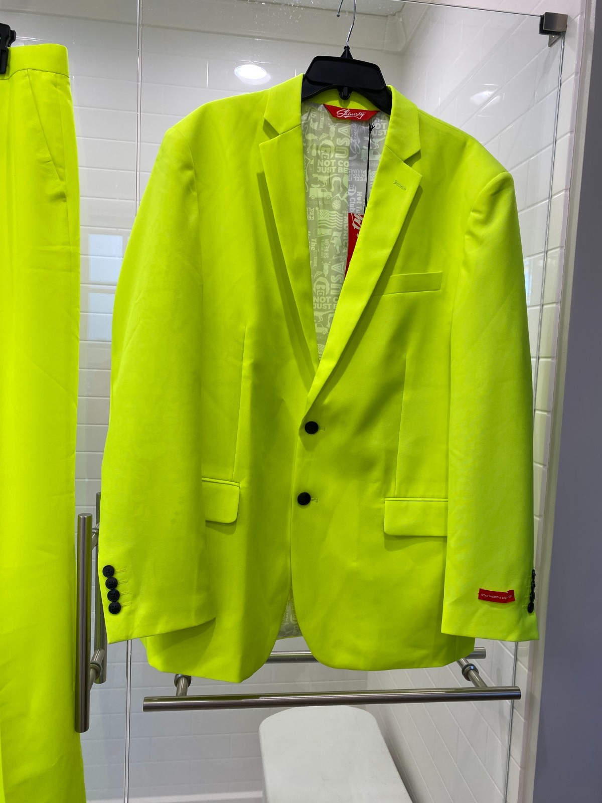 NEW SOLD OUT SHINESTY NEON yellow “STAY WEIRD & SHINE ON” MENS SUIT 44 Pant33/34