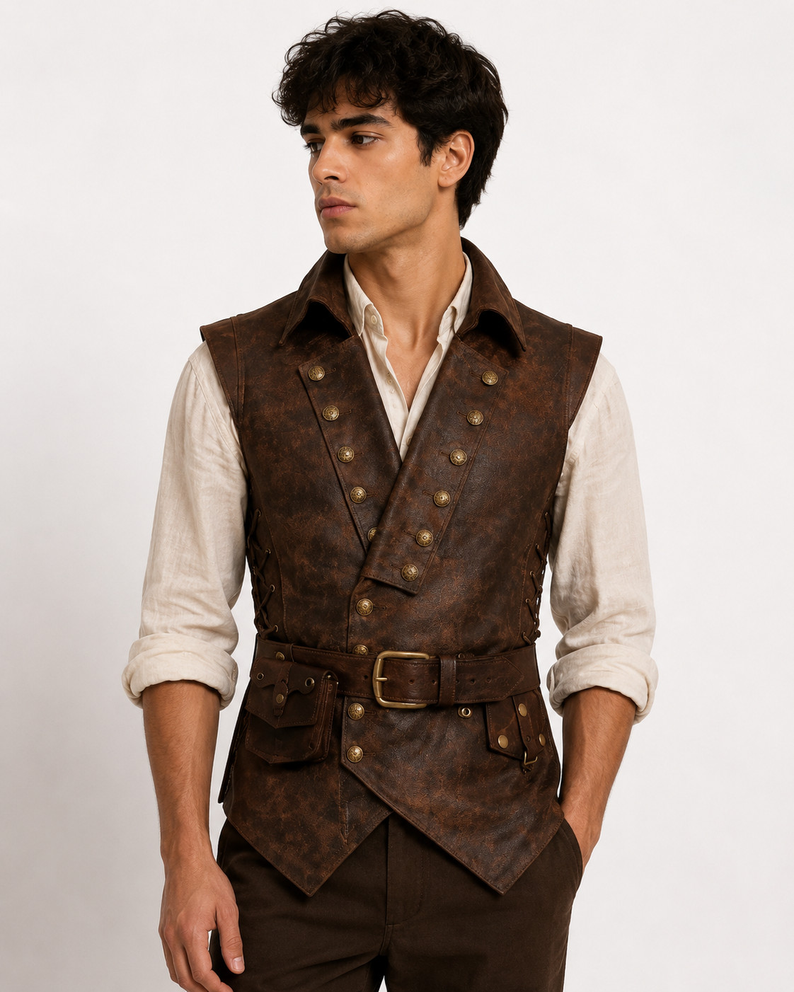 Men’s Genuine Leather Steampunk Vest Brown Medieval Pirate Waistcoat Belted