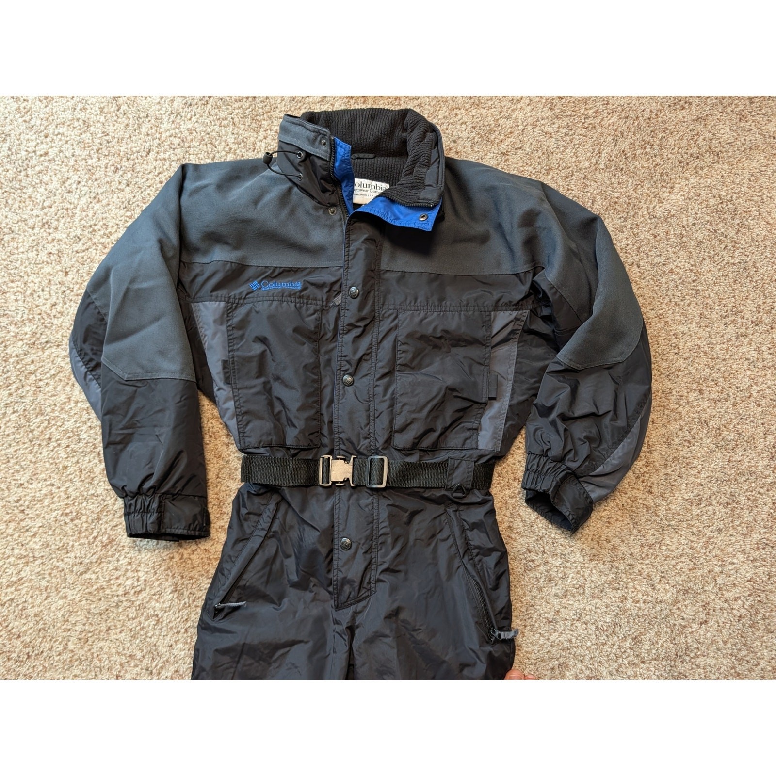 Columbia Vintage 1Pc Ski Suit Mens S Black Blue Trim Belted One Piece Snowsuit